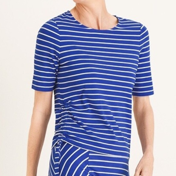 Chicos Women 2 US L Blue White Striped Short Sleeve Scoop Neck Side-Ruched Tee - Picture 1 of 9